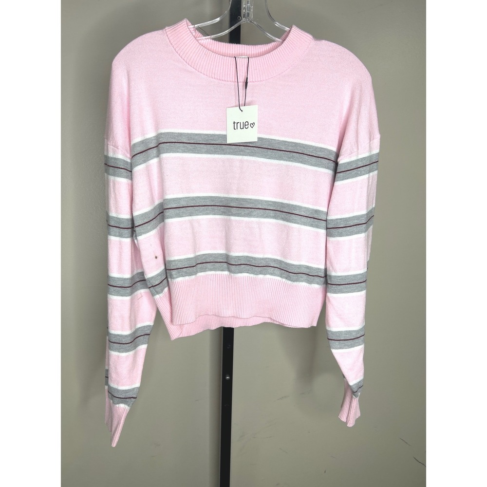 True SMALL NEW Pink Striped Long Sleeve Crewneck Knit Cropped Sweater Size Small